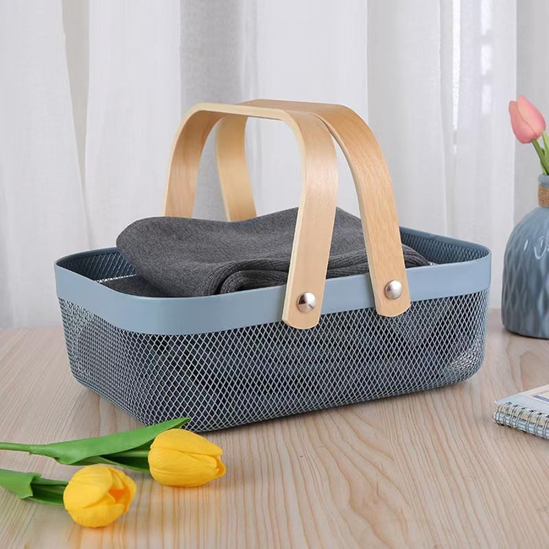 AJIODA Metal Mesh Steel Basket, Storage Organizer Baskets Garden Harvest Basket Multi-functional Kitchen Fruit Baskets Bin with Wooden Handle for Bathroom Picnic Shopping Decor Cabinet Home, Blue - Image 5
